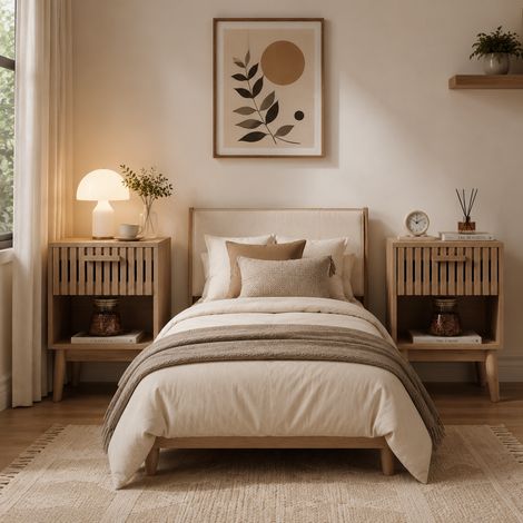 Table de chevet 40×35×55cm,tiroirs,placard de rangement,lot de 2,espace de rangement ouvert,meuble de rangement pour chambre, poignées en bois, pieds en bois,style moderne,Bois,Couleur bois naturel (1/5)