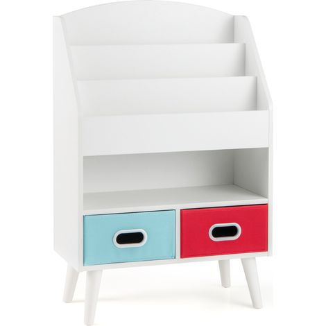 Libreria bambini 3 ripiani scomparto aperto 2 cassetti tessuto pieghevoli scaffale legno Bianco (1/4)