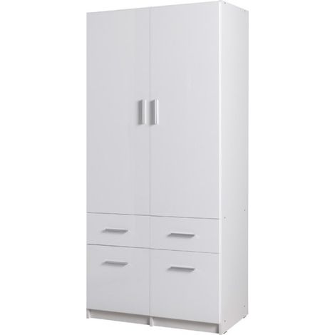 Kleiderschrank mit zwei Türen und vier Schubladen, Kollektion FLEX, in glänzendem Weiß