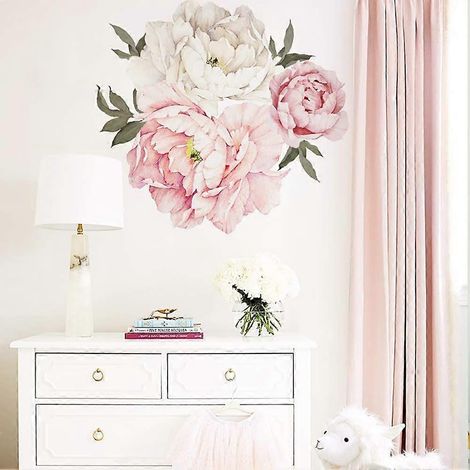 Stickers muraux pivoines (54 x 53 cm)  Sticker mural autocollant fleurs roses et blanches, plantes romantiques et feuilles  Décoration pour salon, chambre, cuisine, couloir (1/5)