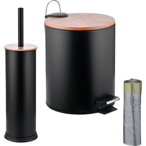 Set de salle de bain, poubelle 5 L et brosse WC, fer et bambou, noir/naturel, sacs-poubelle inclus (1/5)
