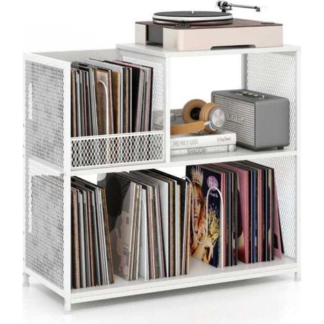 Séparateurs amovibles, support platine vinyle 3 niveaux, meuble rangement disques vinyles jusqu'à 300 albums, blanc (1/5)