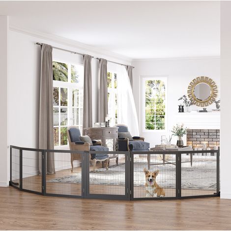 Barrera de seguridad para perros de madera de pino y acero, plegable, 432 x 36 x 70 cm, negra (1/5)