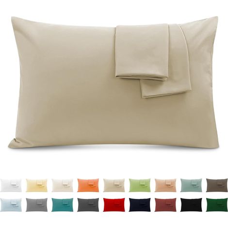 Taie Oreiller 100% Coton 50x70 cm 2 PCS, Taie d'oreiller Rectangulaire Puro Coton Jersey 120GSM - Housse de Coussin Résistant et Hypoallergénique Beige (1/5)