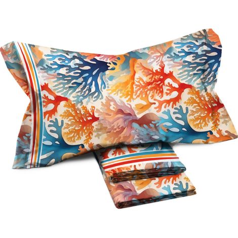 Ensemble de draps double MAXI - Motif corail multicolore - 100 % coton - Design vif et moderne