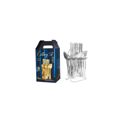 Ménagère 24 pièces en acier inoxydable avec support, finition polie miroir, pour 6 personnes, compatible lave-vaisselle, argent (1/5)