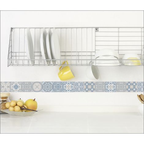Listel Autocollant Décoratif Carreaux de Ciment Ancien, 5cm x 180cm, Bleu Clair et Gris, Lot de 3. (1/2)