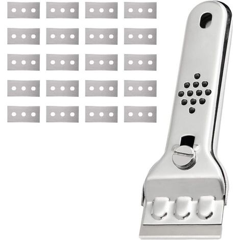 Verre Grattoir Plaque Vitrocéramique en Acier Inoxydable Grattoir Vitre Plaque Induction Racloir Vitrocéramique Peinture Scraper Raclette Plaque Vitrocéramique avec 20 Lames,pour Vitres/Miroir (1/5)