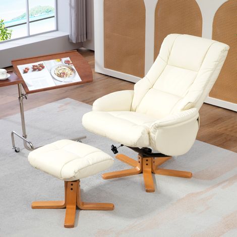 Sillón reclinable con reposapiés, función reclinable, tapizado en polipiel, hasta 150 kg, 71 x 84 x 102 cm, blanco crema. (1/5)