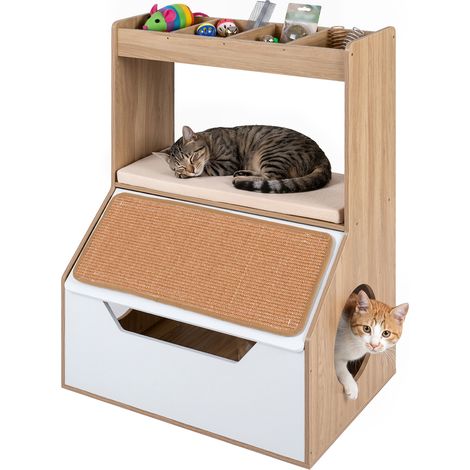 Meuble Cache-Litière pour Chat, Armoire Litière avec Coussin Amovible, Griffoir Détachable, 4 Casiers, Étagère, Entrées Latérales, Anti-Basculement (1/5)