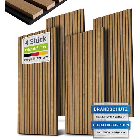 Juskys Wandpaneele Akustik - Verbesserte Akustik, Design mit Holzoptik & Schallabsorbierend, Reduziert Hall - 120x60 cm - 4er Set 2,88 qm, Eiche Natur Dunkel (1/5)