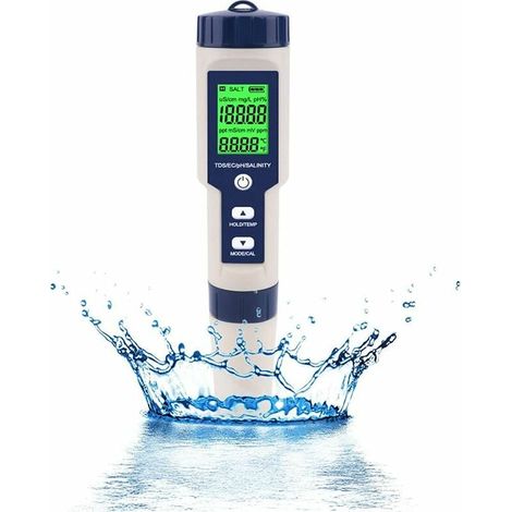 Testeur pH Mètre Électronique 5 en 1 Mesure du pH, TDS, EC, Salinité et Température Écran LCD avec Précision de Lecture Convient pour l'Eau Potable, les Aquariums, les Piscines, etc. (1/5)
