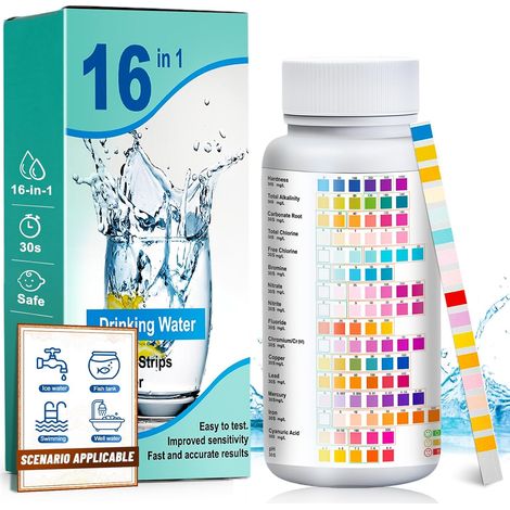 150 Bandelettes Test Eau 16-en-1, Kit Analyse Eau Potable, Kit Test Eau Potable, Test Eau Robinet, Puits, Aquarium, Analyse pH, Dureté Totale, Chlore, Robinet et Puits (1/5)