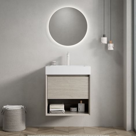 Meuble sous vasque suspendu 55 cm, avec vasque intégrée rectangulaire blanche en résine – Un tiroir et une étagère ouverte, finition chêne clair (1/5)