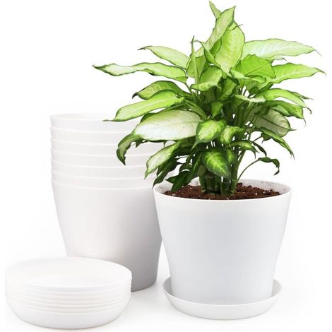 8 Pièces 14 CM Pots Plastique Plantes, Cache Pot Interieur Exterieur, Pot de Fleur avec Plateaux, Convient aux Semis, Cactus, Plantes Succulentes, Orchidées, Herbes -Blanc