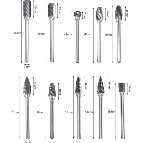 Jeu De Fraises En Carbure Fichiers Rotatifs Acier Au Tungstène 10pcs Diamètre Tête Coupe Pour Fraise 3mm Tige 6mm La Perceuse à Découper Découpage Métal Polissage Gravure Perage(double Cut) GROOFOO (1/4)