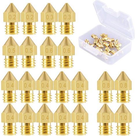 22 Stück Druckerdüsen MK8-Düse 0,2 mm, 0,3 mm, 0,4 mm, 0,5 mm, 0,6 mm, 0,8 mm, 1,0 mm für Makerbot CR-10 3D-Drucker (1/4)