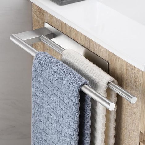 Toallero negro mate sin taladro - Mueble de baño de acero inoxidable - Toallero de baño - Toallero autoadhesivo - Doble barra - 39 cm - plateado (1/5)