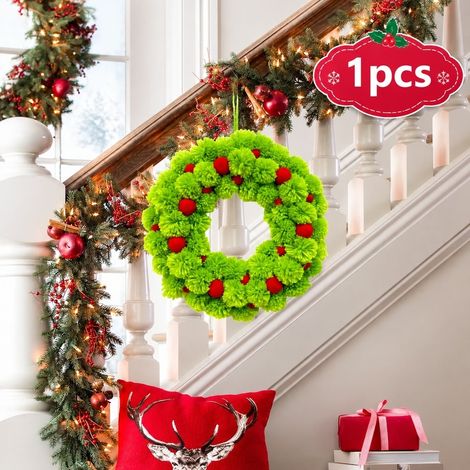 1 Pièce, Couleur Verte, Couronne de Noël en Maille avec Pompons, 36 cm, pour Bureau, Maison, Fêtes (1/5)