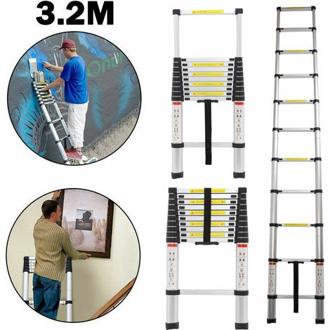 Échelle télescopique 3.2M Multifonction en Aluminium Portable Extension Pliable , Escabeau Telescopique 11 Marches, Echelle Escamotable Stable Charge Maximale 150 KG