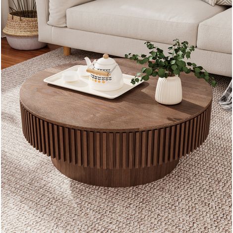 Mesa de centro redonda con almacenaje oculto, diseño acanalado, MDF y chapa de madera maciza, nogal (1/5)