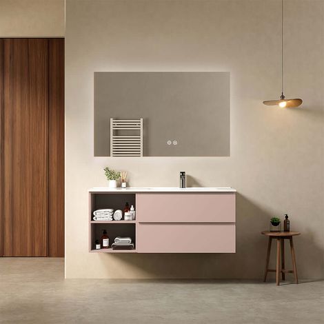 Mobile bagno sospeso 120 cm Rosa Retro Lavabo a Destra in Ceramica Specchio Quadro Retroilluminato - Fiji Paint Plus (1/4)