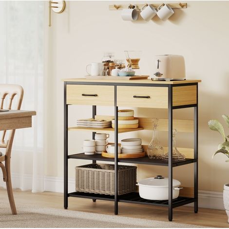 Credenza in legno naturale con struttura in acciaio nero, 90x40x91 cm, 2 cassetti e 3 ripiani aperti (1/3)
