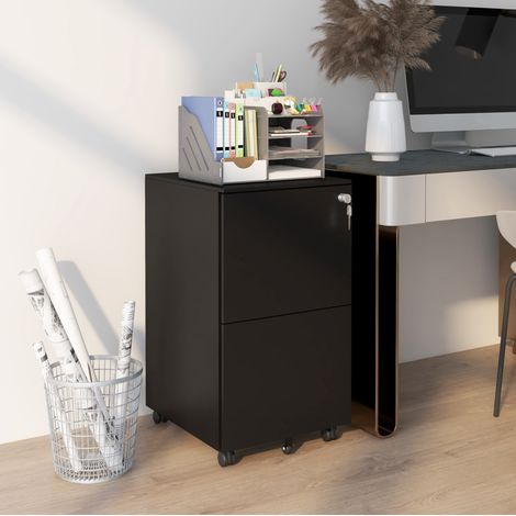 Cassettiera ufficio 37x43.5x67.5 cm nera in acciaio con 2 cassetti chiudibili e ruote (1/4)