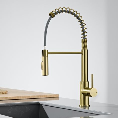 CECIPA MAX Küchenarmatur Wasserhahn Küche mit Brause ausziehbar, 360° Schwenkbar Federflex Mischbatterie, Einhebel Spültischarmatur, Hochdruck Edelstahl Armatur Küche, Gebürstetes Gold