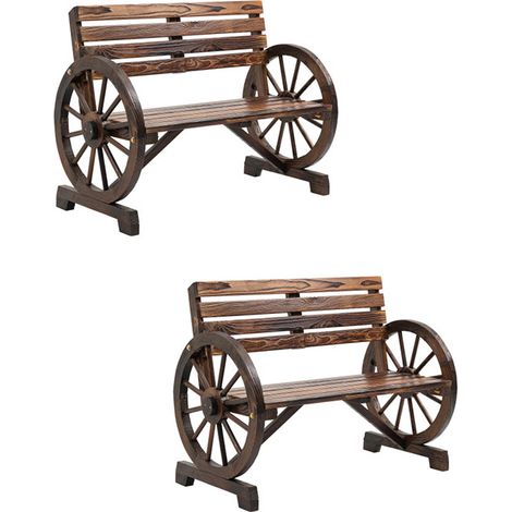 2er-Set gartenbank 2-Sitzer  Holzbank mit Wagenrad-Armlehnen im Landhausstil, Tannenholz, Braun, 105,5x56x79cm