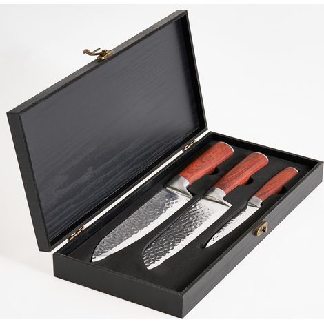 Conjunto de 3 cuchillos de cocina modernos afilados a mano dureza 62 HRC acero inoxidable de Damasco marrón Kashiwa
