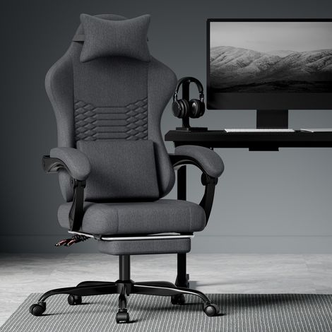 Gaming-Sessel aus Stoff mit Lendenmassage, ergonomischer Racing-Bürostuhl, Fußstütze und Kopfstütze, max. 136 kg, Schwarz