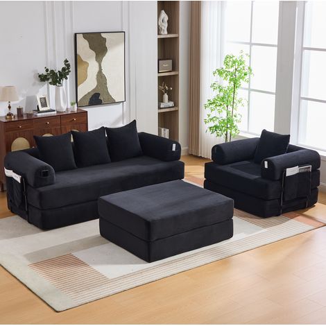 Canapé modular 4 plazas de pana negro con puf, estructura metálica y bolsillo lateral (1/5)