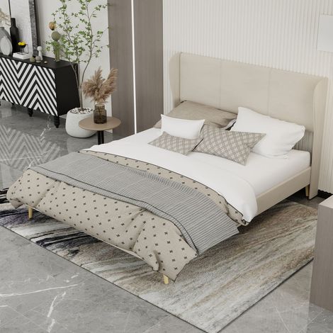 Lit rembourré 160x200 cm beige en velours hollandais, tête de lit douce, cadre bas moderne sans rangement, sans matelas (1/5)