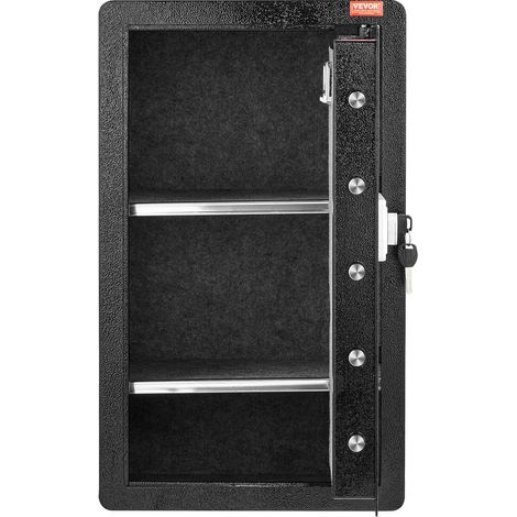 Coffre-fort à une porte de 113 L avec serrure à clé, code et empreinte digitale, sac ignifugé, porte-clés, éclairage LED et 2 étagères pour argent, documents, bijoux et objets de valeur, noir. (1/5)