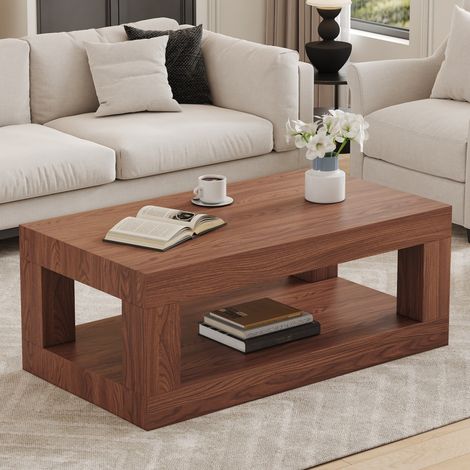 Table basse rectangulaire 2 niveaux, étagère de rangement, structure MDF robuste, meuble salon 93x53x46cm - Noyer (1/5)
