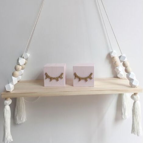Étagère Murale Etagères Flottantes en Bois de Pin, Tablette Décoration avec Perles en Bois et Gland, Décoration pour Chambres, Salons, Bureau, Placards - Blanc (1/2)