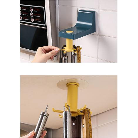 Cintre rotatif de cuisine mural sans perçage, support de rangement pour spatules, cuillères et poêles, crochet de cuisine bleu et jaune (1/5)