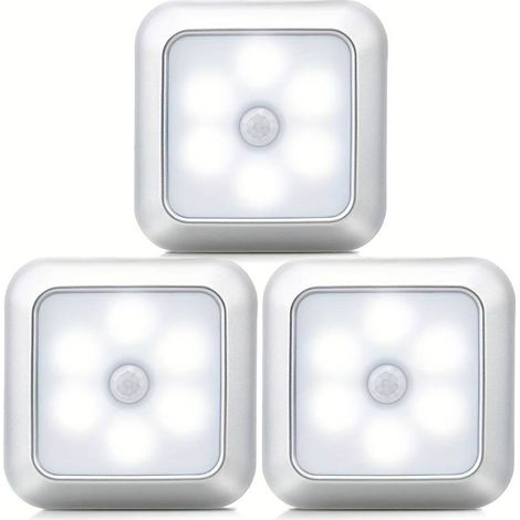 Confezione da 3 luci notturne con sensore di movimento, ideali per la casa intelligente, colore argento-bianco, armadi, scale, cucine, campeggio, compatte e portatili. (1/5)