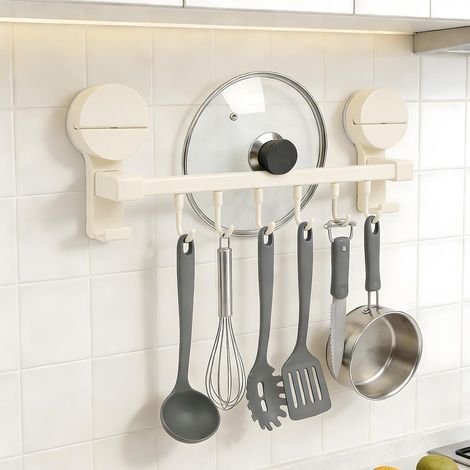 Küchenhakenleiste mit Saugnäpfen, 6 Haken, geeignet für Küchengeräte und -utensilien, 30 cm (cremeweiß). (1/5)