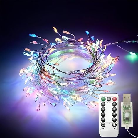 Lot de 2 Guirlandes Féeriques USB avec Télécommande, 3 m / 10 pi, 100 LED Multicolore, Lumières Groupées, 8 Modes, Guirlandes à Fil de Cuivre Étanches pour Chambre, Mariage, DIY Couronne (1/5)