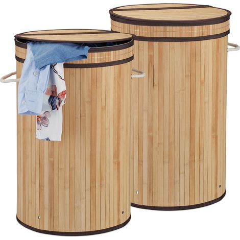 Relaxdays 2x Bamboo Laundry Baskets, Round Hamper with Folding Lid, 65 l, Foldable Bin with Ventilation, Ø 40cm, Natural