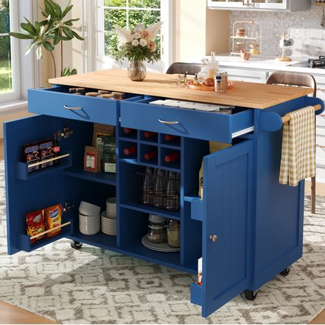 Meuble de cuisine îlot 102 x 45 x 92 cm avec rangements, roulettes et plateau effet bois bleu HAVRYA (1/5)