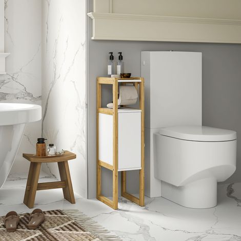 Meuble de salle de bain gain de place avec porte-papier toilette, placard et étagère en bambou, 20 x 33 x 80 cm, blanc