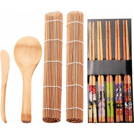 Kit à sushis en bambou comprenant : tapis de roulage, couteau, cuillère et baguettes.