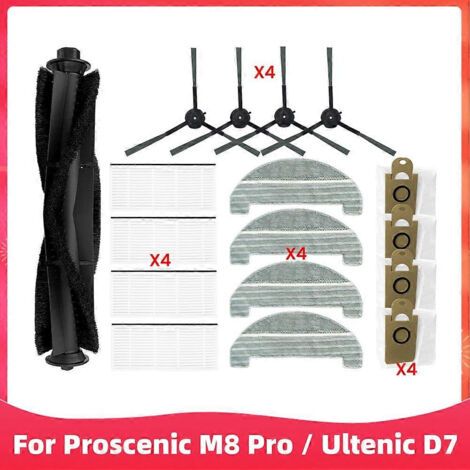 Pièce de rechange pour aspirateur robot Proscenic M8 Pro / Ultenic D7 : brosse latérale principale, filtre HEPA, chiffon de nettoyage et sacs à poussière. (1/5)