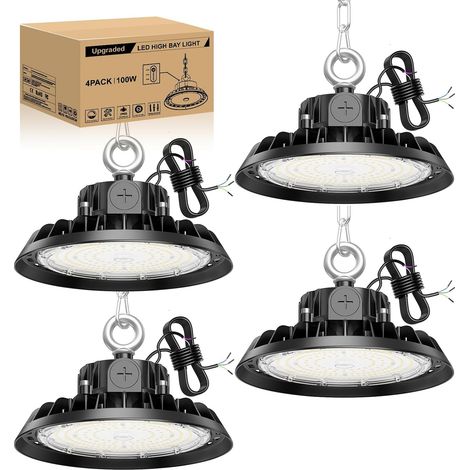 4 pack UFO 100W LED High Bay Projecteur 4000K Light 17000LM LED Éclairage pour Atelier Dimmable 60W/80W/100W Éclairage Lampe Industrielle IP65 Étanche Plafond 120° pour Atelier Entrepôt (1/5)