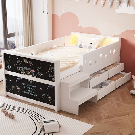 Kinderbett 90x200cm Weiß mit Stern-Mond-Gittern, LED, Kreidetafel & Schubladen (1/5)