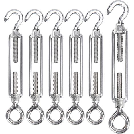 Lot de 6 tendeurs M6 en acier inoxydable avec crochet et œillet, crochets et œillets réglables, crochet de serrage pour voile d'ombrage, système de câble, tendeur de câble de jardin (1/5)