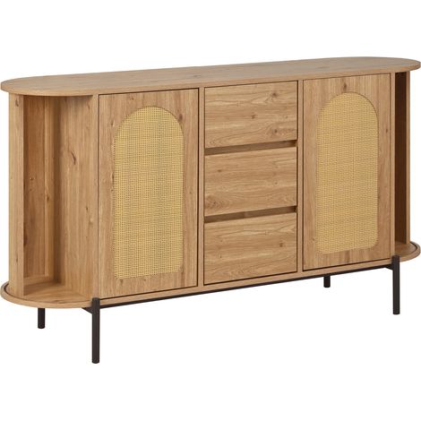 Aparador ovalado de MDF con puertas de ratán, cajones y patas metálicas (1/5)